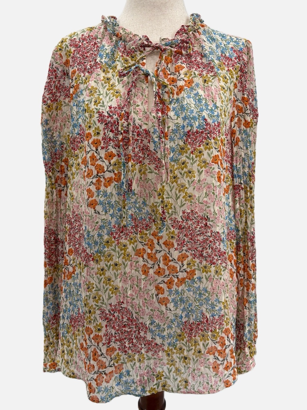 Rebecca Taylor Silk Cotton Floral Tie Neck Long Sleeve Blouse Size 10